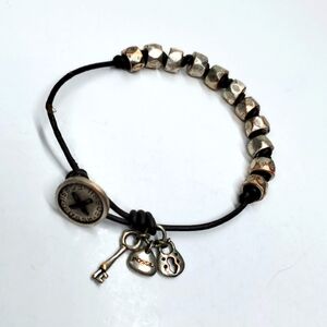 Fossil Brown Leather Cord and Silver Toned Beaded Bracelet EUC